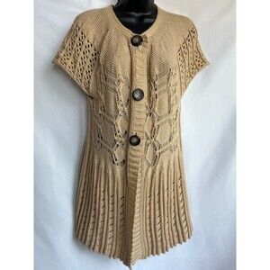 Geminis Y2K Longline Cardigan Sweater S Tan Brown Knit Crochet Babydoll Granny